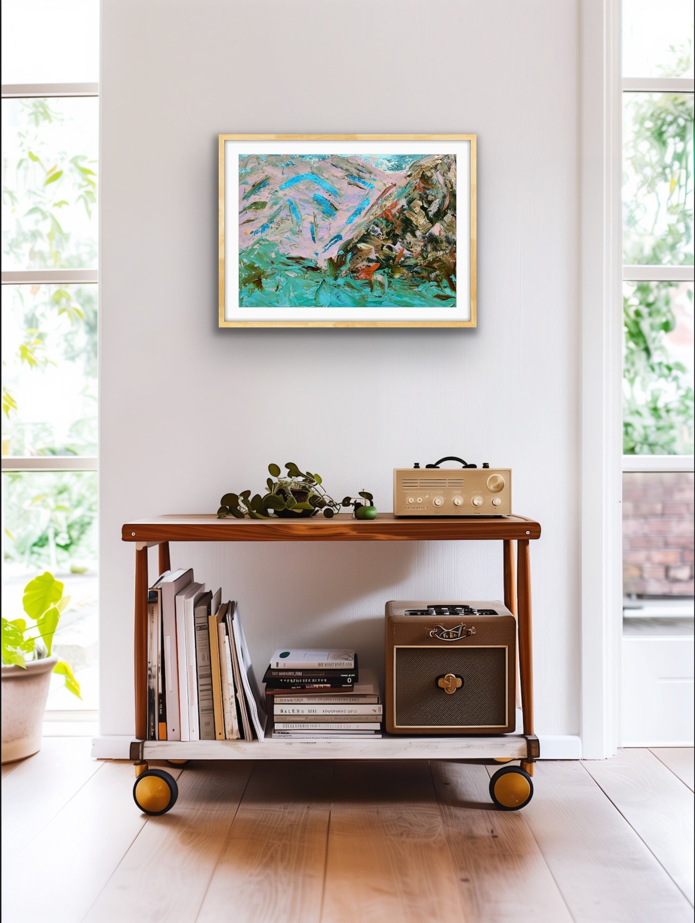 Hakone, Japan Landscape original acrylic gold and silver leaf on paper (unframed)