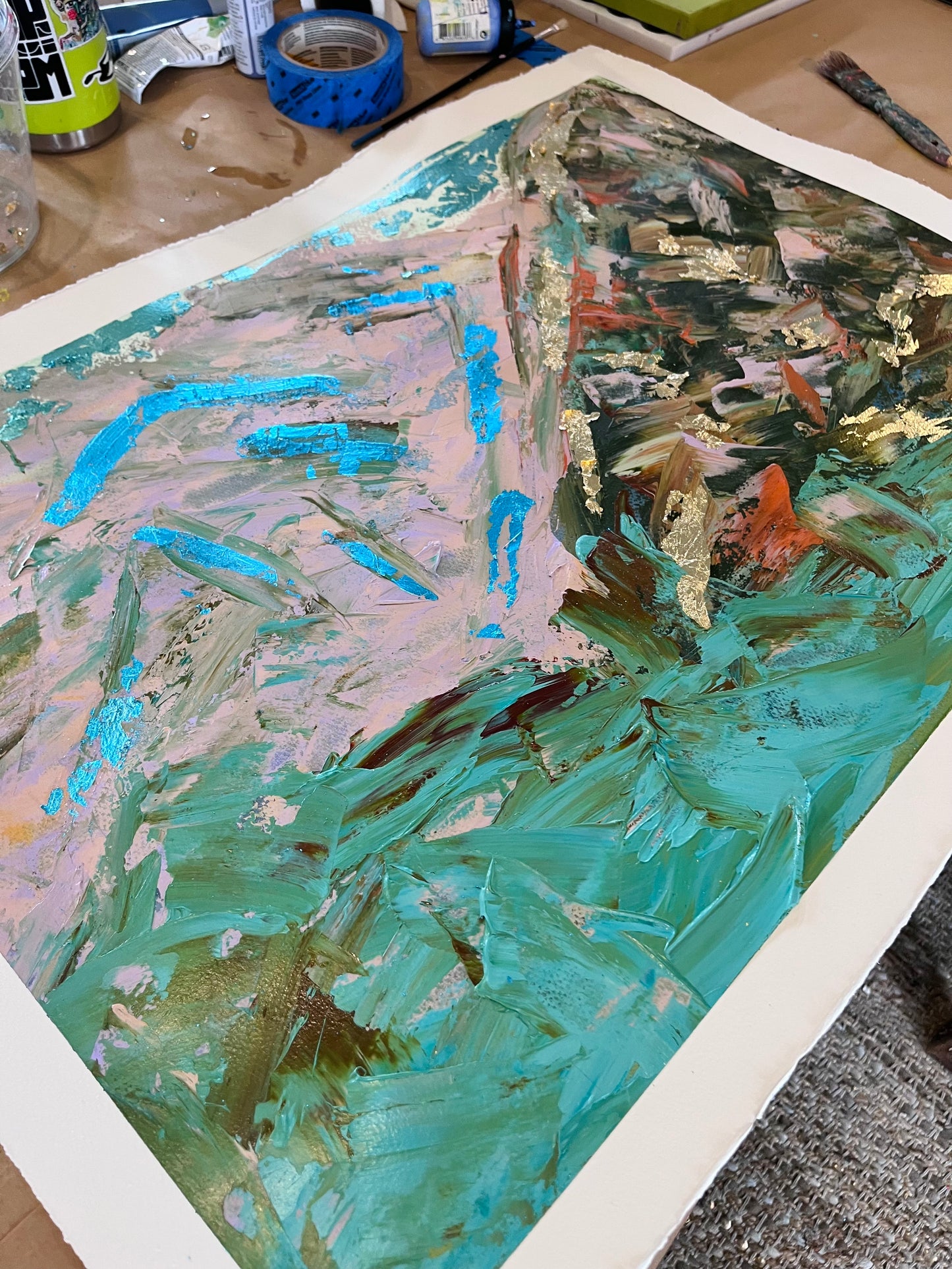 Hakone, Japan Landscape original acrylic gold and silver leaf on paper (unframed)