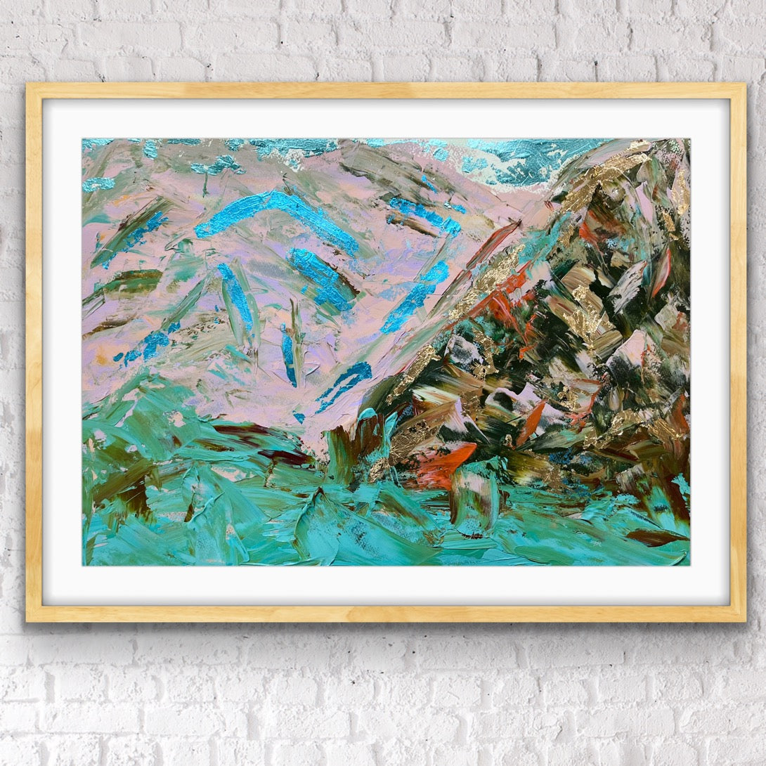 Hakone, Japan Landscape original acrylic gold and silver leaf on paper (unframed)