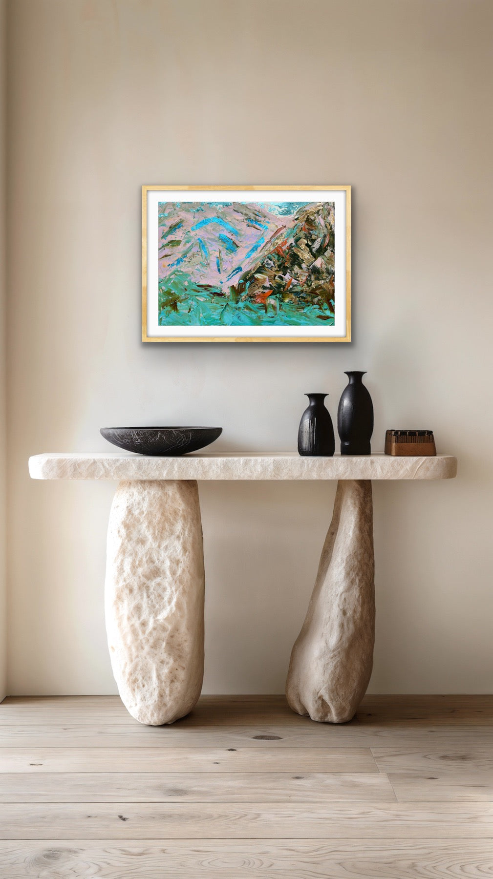 Hakone, Japan Landscape original acrylic gold and silver leaf on paper (unframed)
