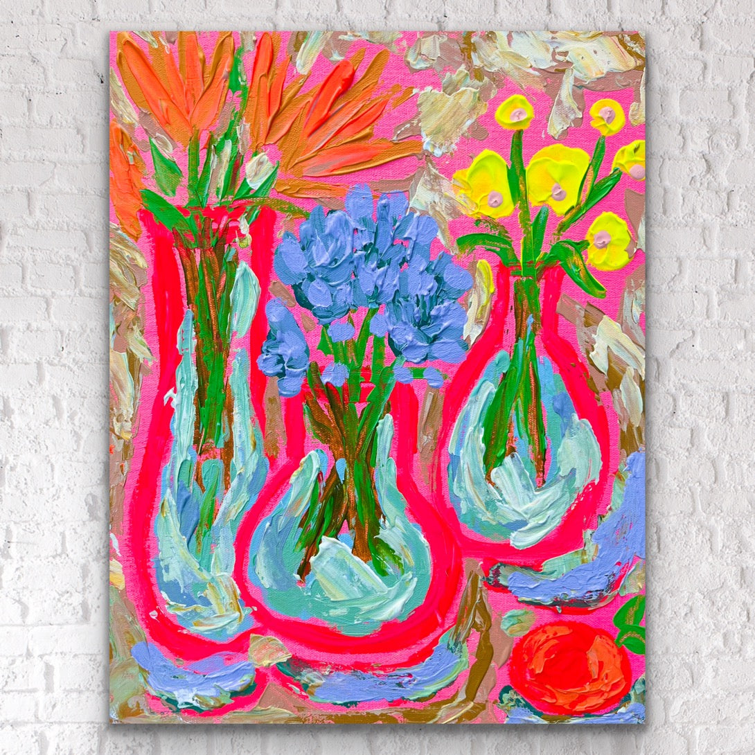 “Three Pink Vases” Original Painting on Gallery Wrapped Canvas