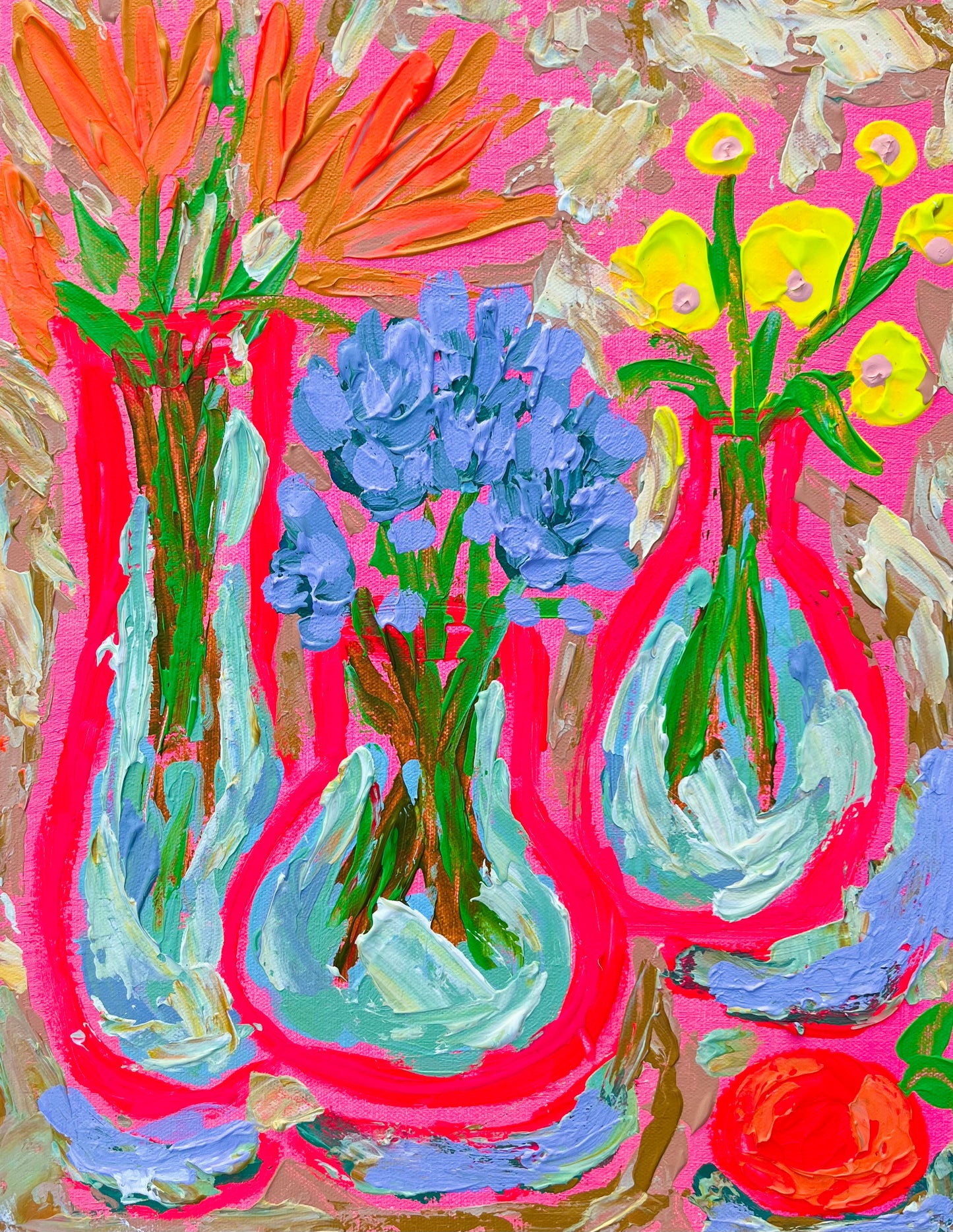 “Three Pink Vases” Original Painting on Gallery Wrapped Canvas