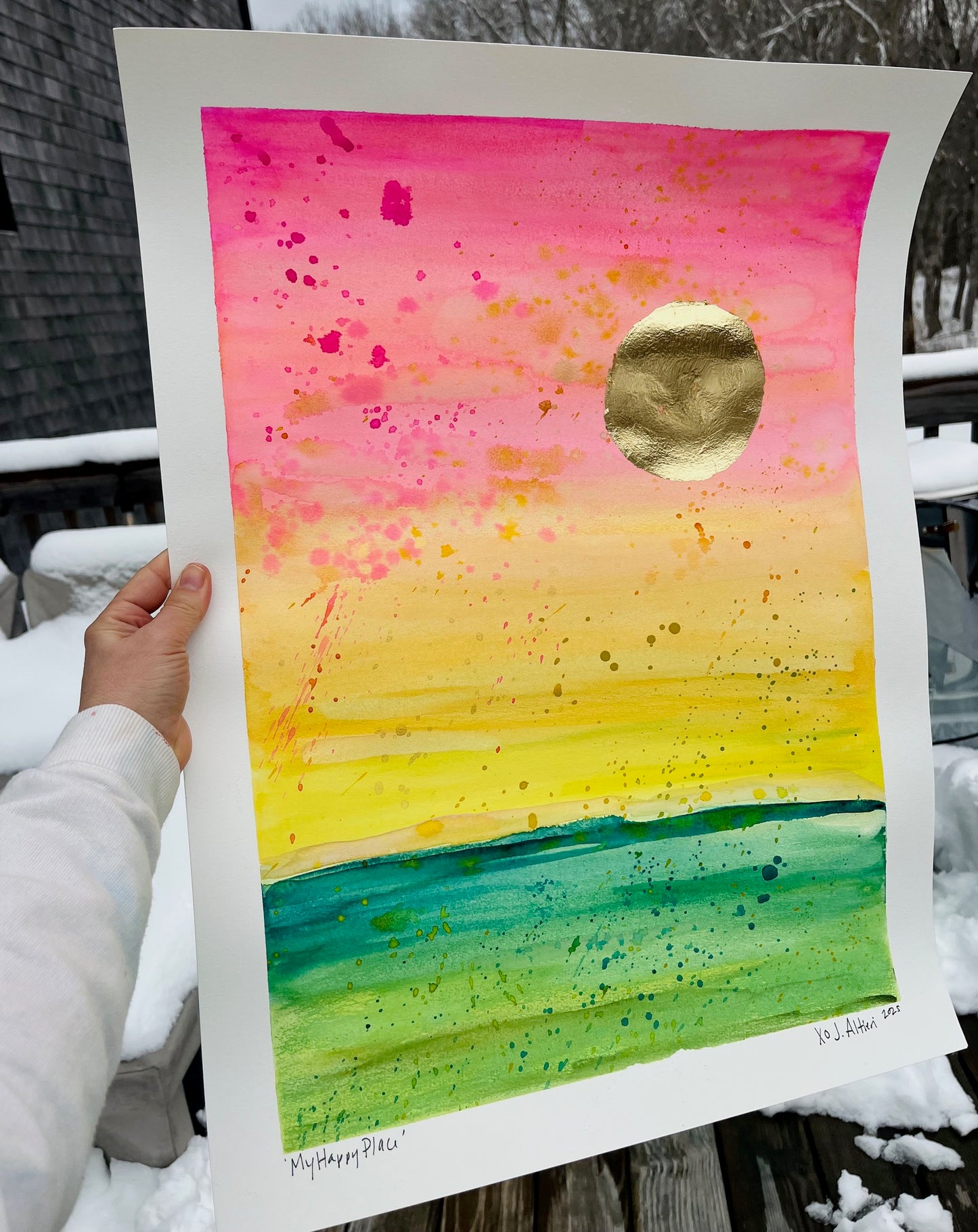 "My Happy Place" Watercolor + Gold leaf on paper