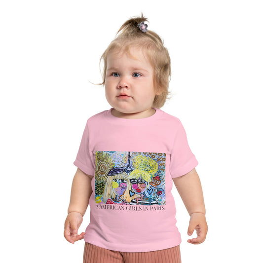 "2 AMERICAN GIRLS IN PARIS" Girl Talk Art Baby Short Sleeve T-Shirt
