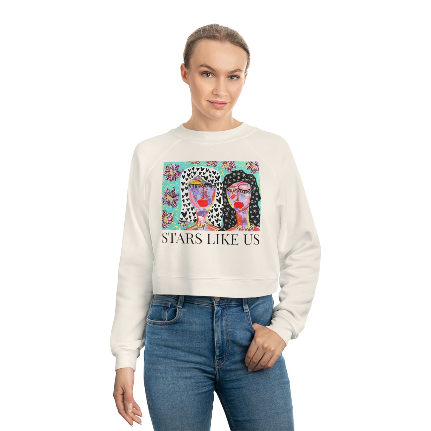 "STARS LIKE US" girl talk art  Women's Cropped Fleece Pullover